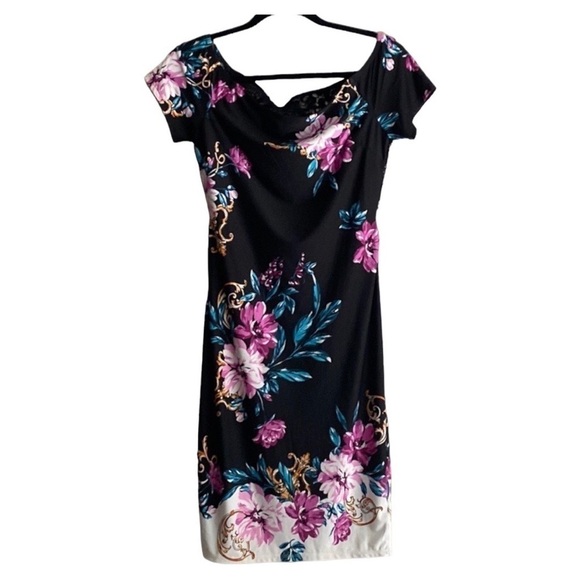 Venus Women’s Black & Purple Floral Off-Shoulder Bodycon Short Mini Dress Size S - Picture 1 of 7